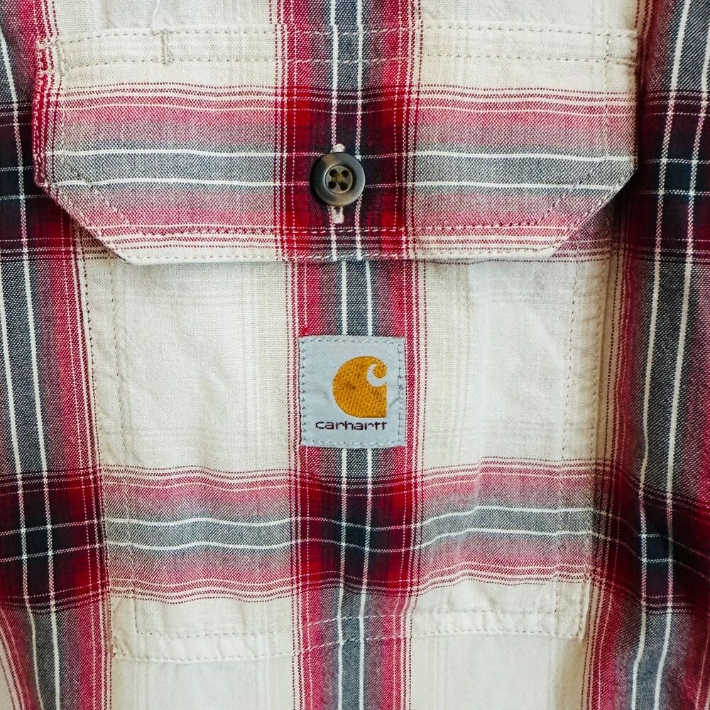 Carhartt XL Short Sleeve Plaid Shirt Red White Loose Fit Workwear Button Up - Picture 3 of 8